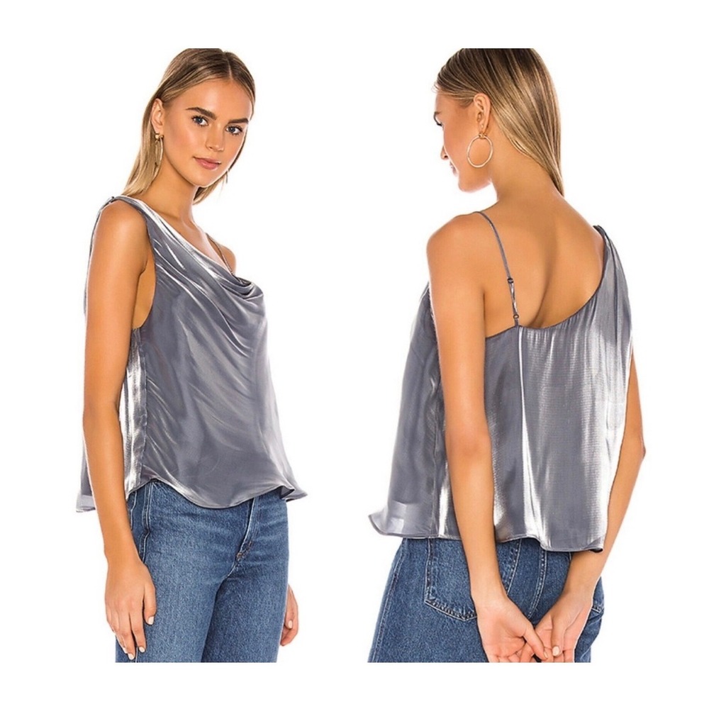 Free People One Shoulder Cami XL Silver Metallic Cowl Neck Party Top Shiny Glam